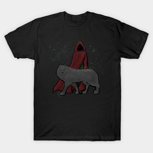 Red Riding Hood and Wolf in Snow T-Shirt by Storyfeather